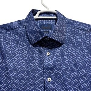 David Donahue Mens Regular Fit Blue Geometric Micro Print Dress Shirt 17.5 34/35